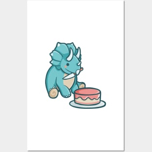 Cute Triceratops with cake, Dino, Dinosaur Posters and Art